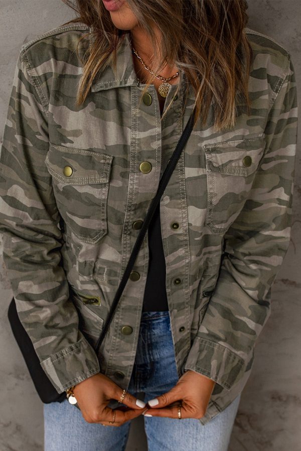 Camo Print Green Multi Pockets Button-up Jacket Hot on Sale - Image 3