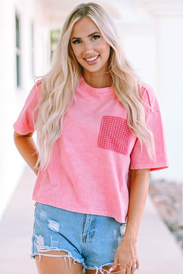 Acid Wash Lace Patch Pocket T-Shirt For Discount