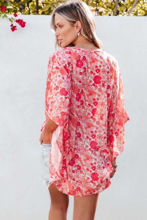 Boho Floral V Neck Kimono Style Blouse For Cheap - Image 2