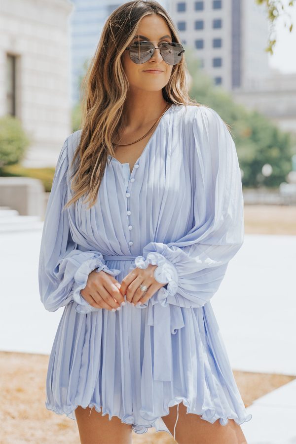 Pleated Ruffled Tie Waist Buttons Romper Hot on Sale