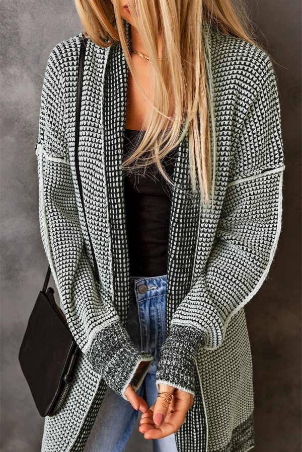 Plaid Knitted Long Open Front Gray Cardigan Online now - Image 3