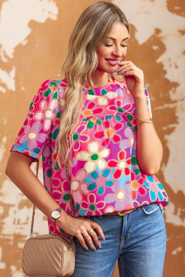 Boho Flower Puff Short Sleeve Top Hot on Sale - Image 5