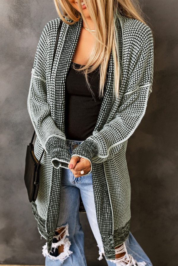 Plaid Knitted Long Open Front Gray Cardigan Online now - Image 4