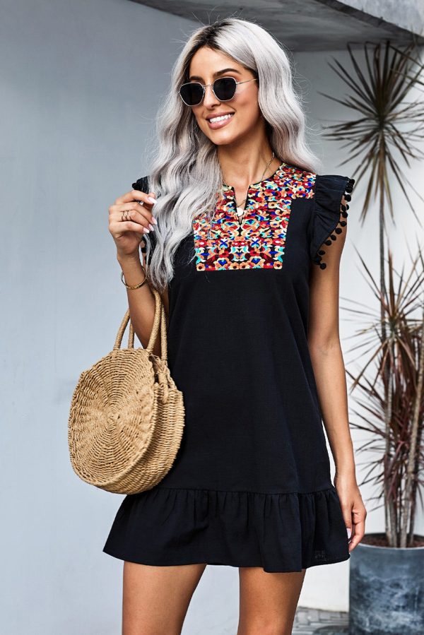 Black Print Pompom Sleeve Shift Boho Dress Sale - Image 2