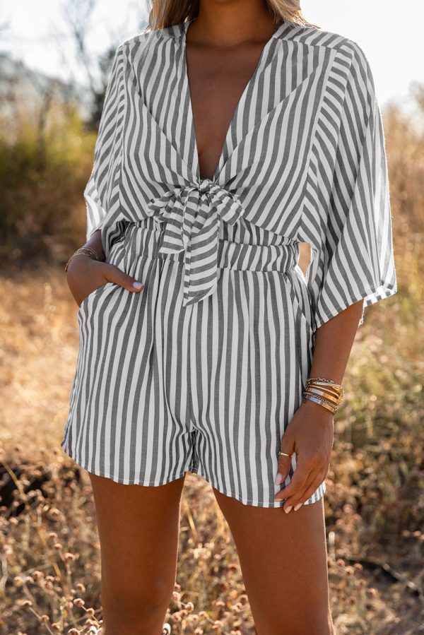 Kimono Sleeves Tie Front Striped Romper Online Hot Sale - Image 4