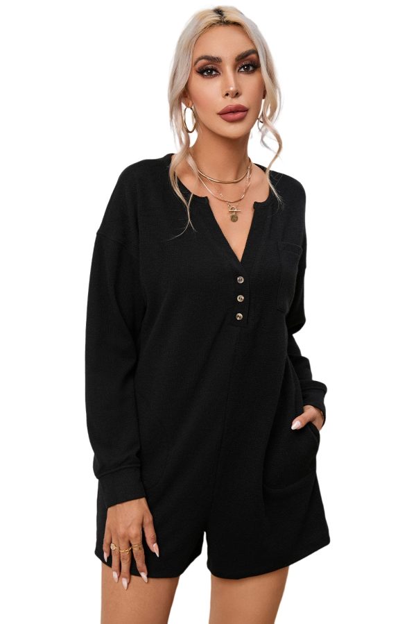 Black Brushed Ribbed Button Split Romper Online now - Image 5