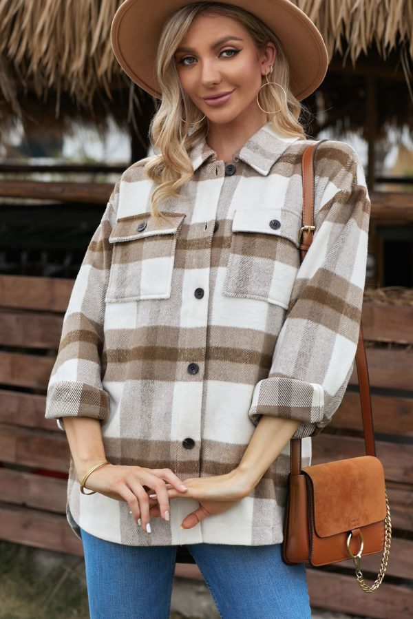 Womens Khaki Plaid Shacket Cheap - Image 5