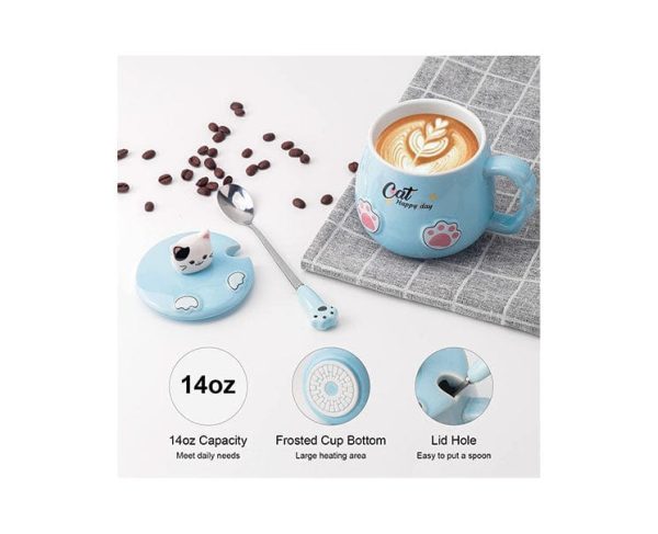 Ceramic Cat Mug with Lid and Spoon: Blue Cheap - Image 2